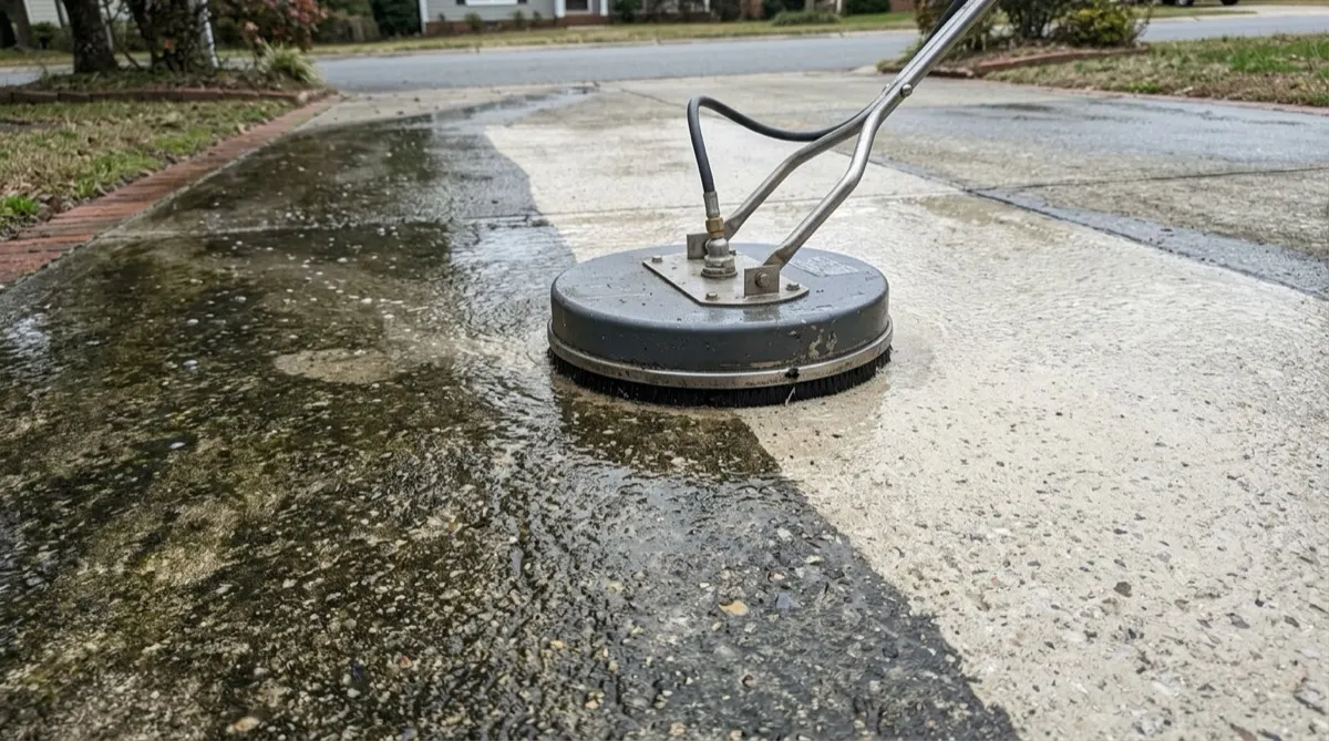Surface cleaner cutting through driveway grime