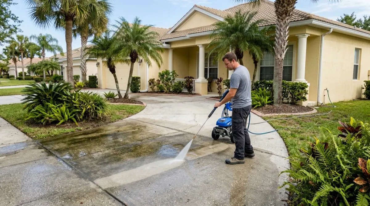 Cleaning stripe by stripe across a Lakeland driveway