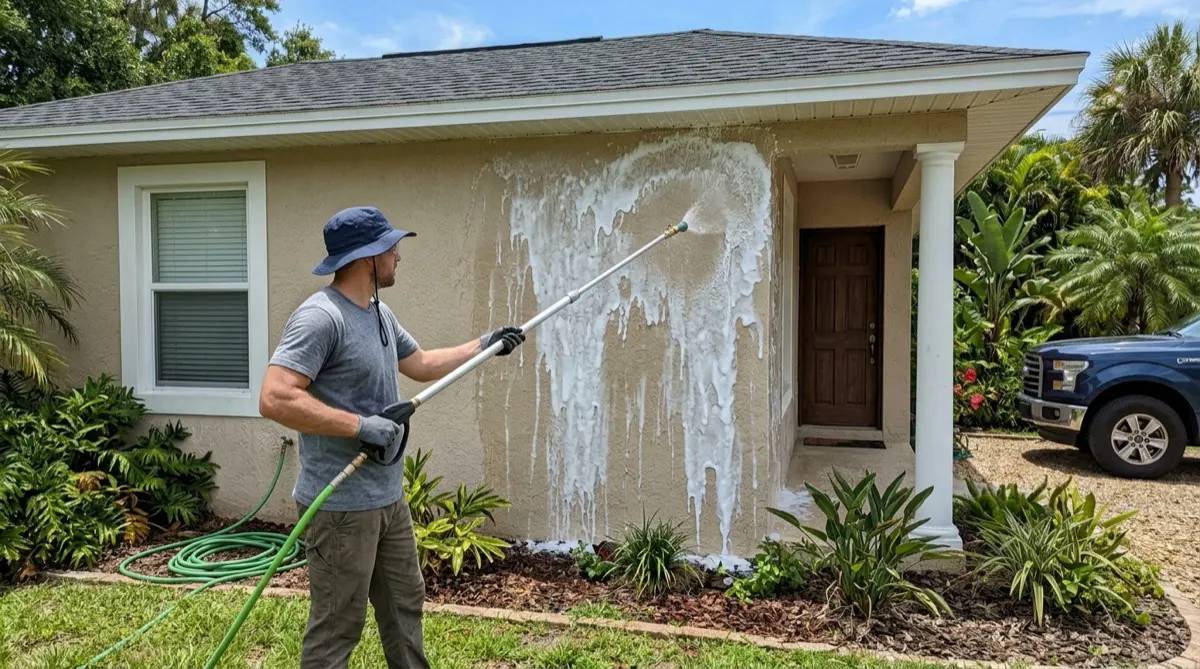 Soft washing stucco siding on a Lakeland home
