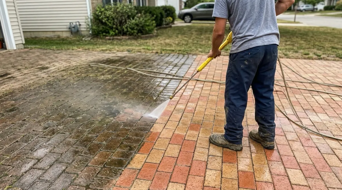 Pavers halfway through a deep clean