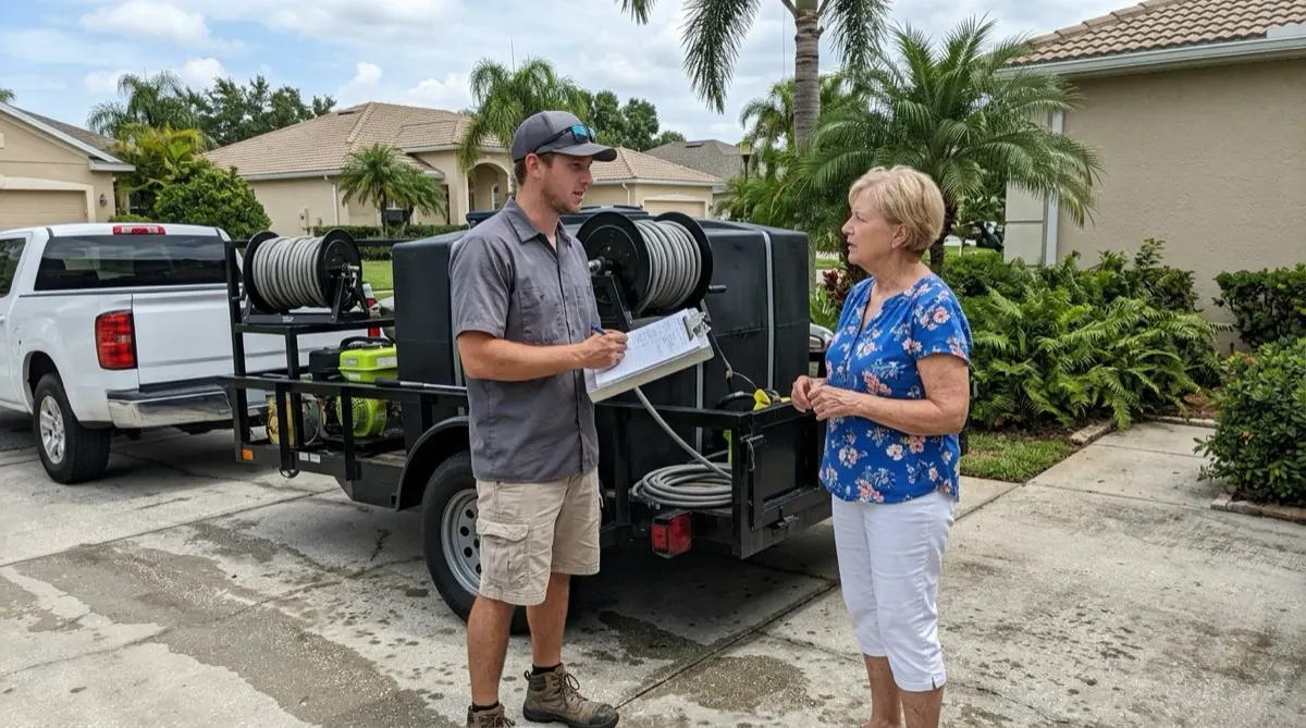 Walking the property before a washing estimate