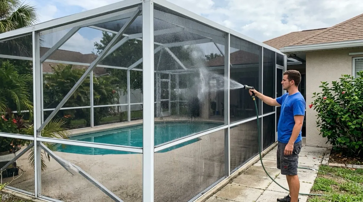 Washing down a pool cage screen enclosure