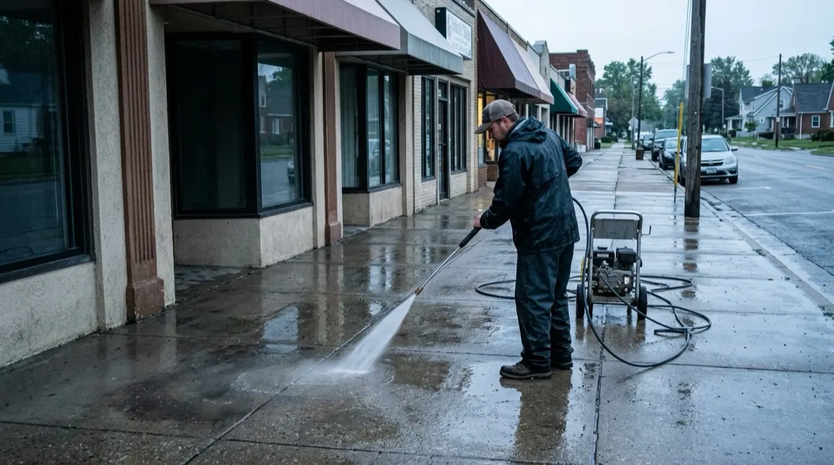 Early-morning sidewalk wash at a storefront
